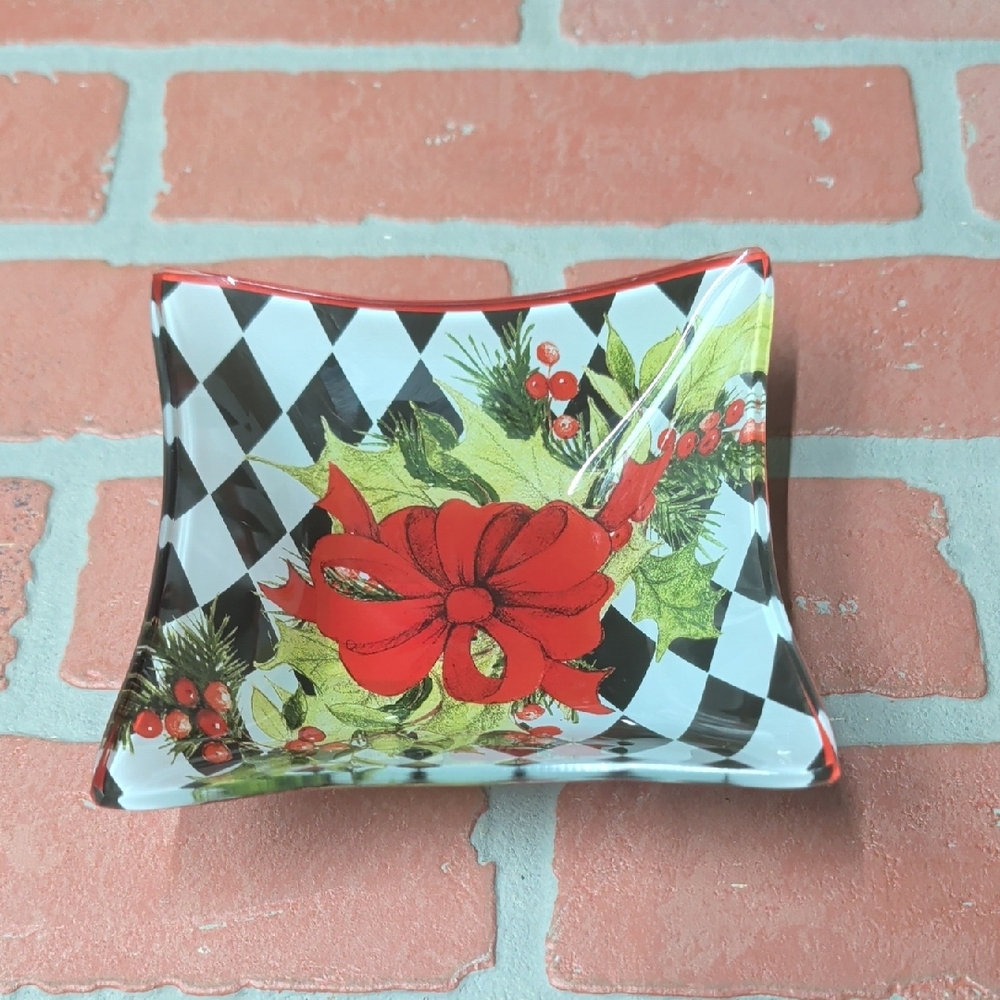 Holiday Decorative Tray with Red Bow and Black-White Harlequin Pattern